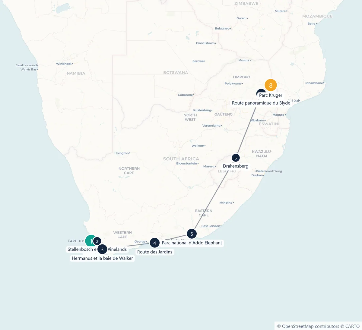 Carte du parcours en 8 étapes : Le Cap, Stellenbosch et les Winelands, Hermanus et la baie de Walker, Route des Jardins, Parc national d'Addo Elephant, Drakensberg, Route panoramique du Blyde, Parc Kruger