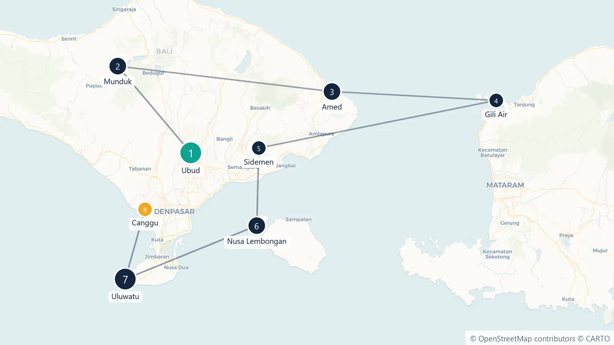 Carte du parcours en 8 étapes : Ubud, Munduk, Amed, Gili Air, Sidemen, Nusa Lembongan, Uluwatu, Canggu