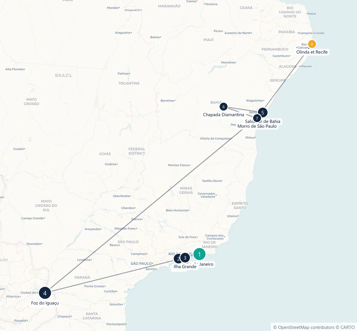Carte du parcours en 8 étapes : Rio de Janeiro, Paraty, Ilha Grande, Foz do Iguaçu, Salvador de Bahia, Chapada Diamantina, Morro de São Paulo, Olinda et Recife