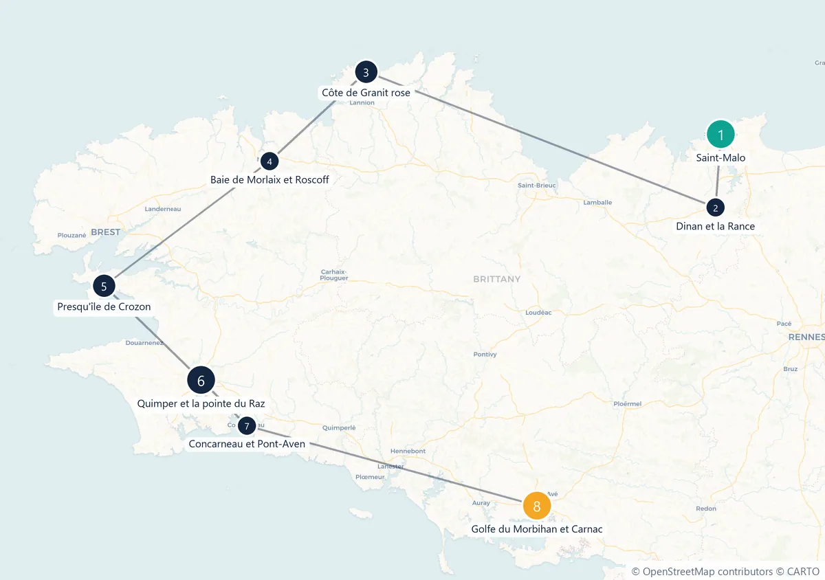 Carte du parcours en 8 étapes : Saint-Malo, Dinan et la Rance, Côte de Granit rose, Baie de Morlaix et Roscoff, Presqu'île de Crozon, Quimper et la pointe du Raz, Concarneau et Pont-Aven, Golfe du Morbihan et Carnac
