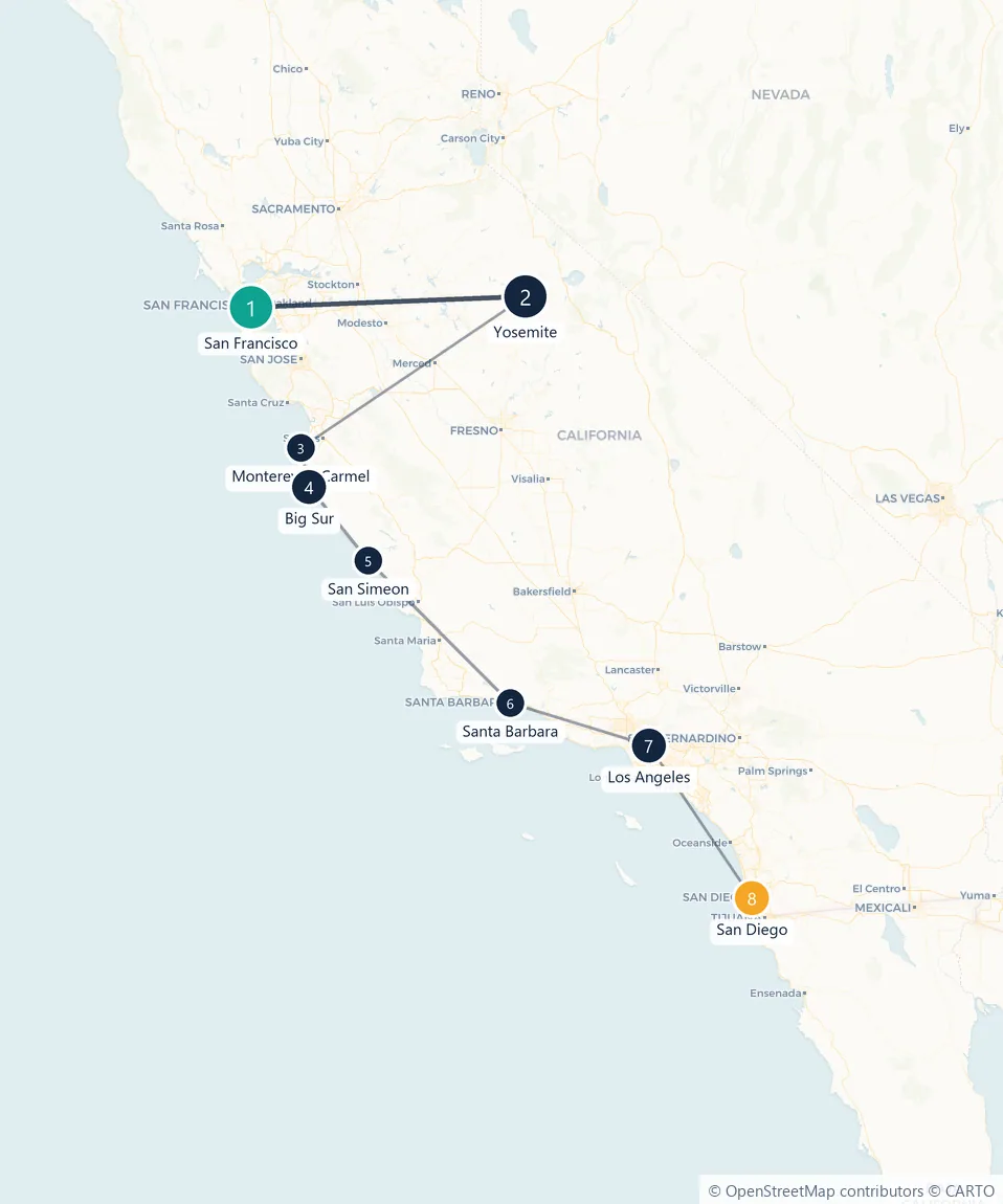 Carte du parcours en 8 étapes : San Francisco, Yosemite, Monterey et Carmel, Big Sur, San Simeon, Santa Barbara, Los Angeles, San Diego