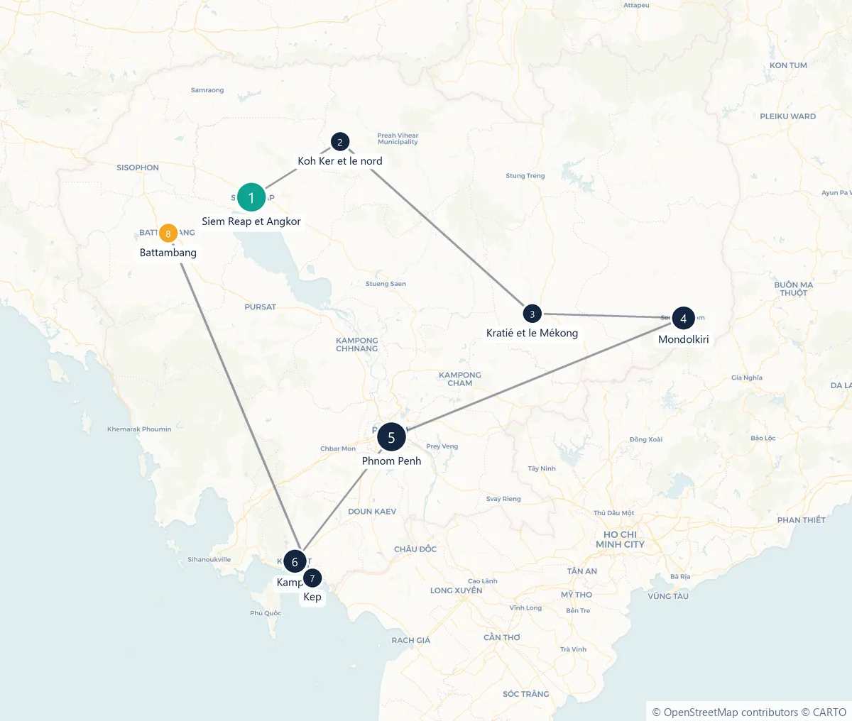 Carte du parcours en 8 étapes : Siem Reap et Angkor, Koh Ker et le nord, Kratié et le Mékong, Mondolkiri, Phnom Penh, Kampot, Kep, Battambang