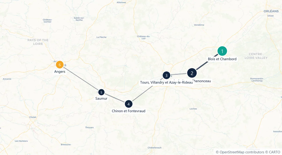 Carte du parcours en 6 étapes : Blois et Chambord, Amboise et Chenonceau, Tours, Villandry et Azay-le-Rideau, Chinon et Fontevraud, Saumur, Angers