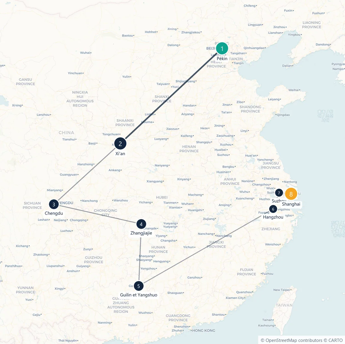 Carte du parcours en 8 étapes : Pékin, Xi'an, Chengdu, Zhangjiajie, Guilin et Yangshuo, Hangzhou, Suzhou, Shanghai
