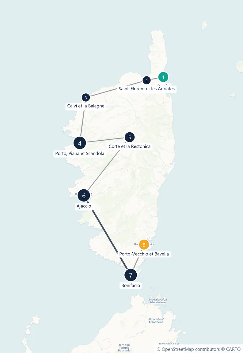 Carte du parcours en 8 étapes : Bastia, Saint-Florent et les Agriates, Calvi et la Balagne, Porto, Piana et Scandola, Corte et la Restonica, Ajaccio, Bonifacio, Porto-Vecchio et Bavella