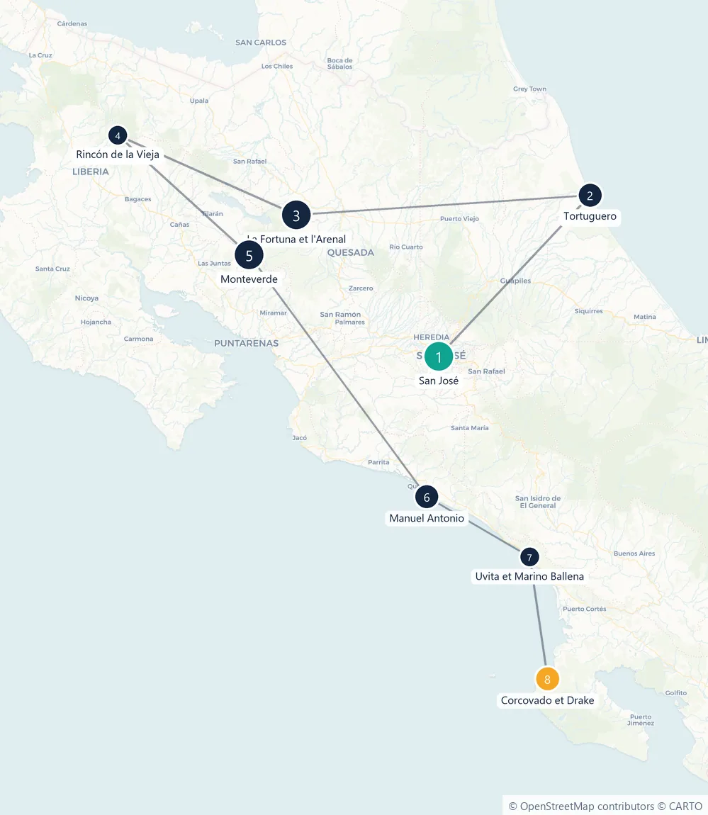 Carte du parcours en 8 étapes : San José, Tortuguero, La Fortuna et l'Arenal, Rincón de la Vieja, Monteverde, Manuel Antonio, Uvita et Marino Ballena, Corcovado et Drake