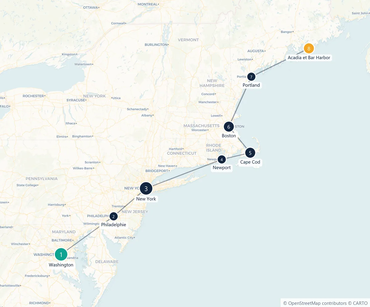 Carte du parcours en 8 étapes : Washington, Philadelphie, New York, Newport, Cape Cod, Boston, Portland, Acadia et Bar Harbor