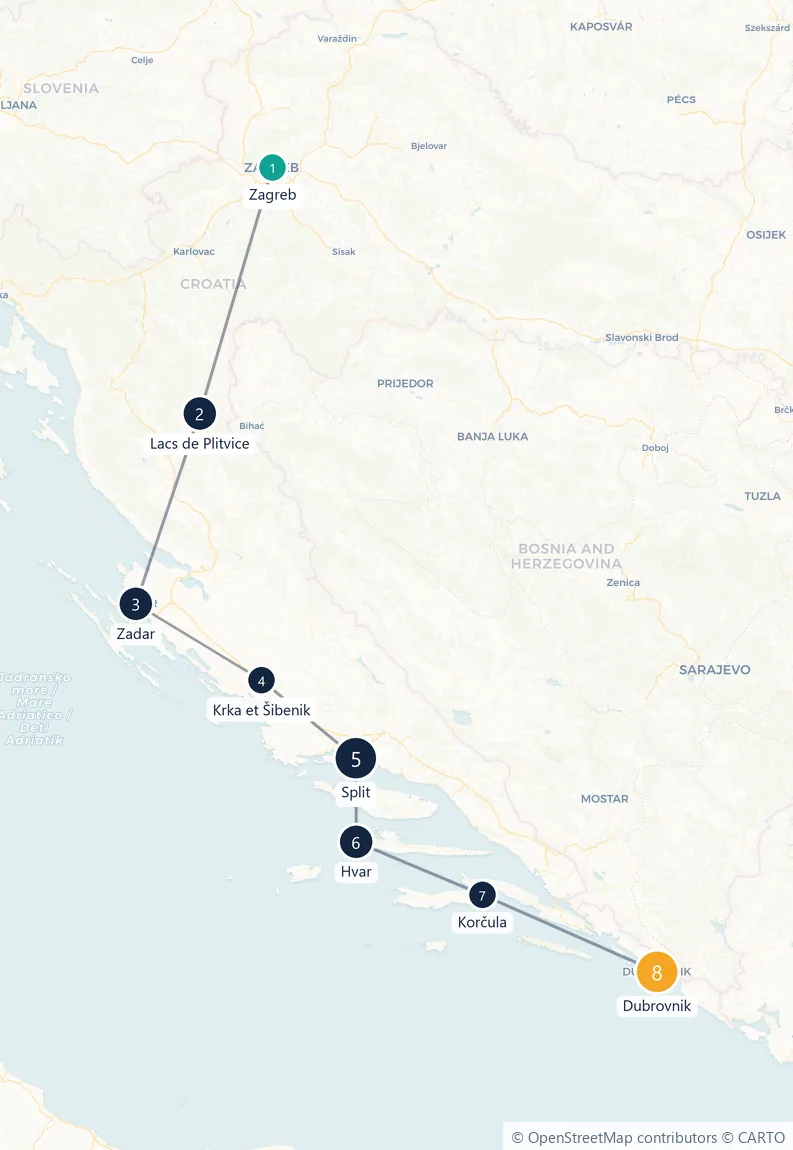 Carte du parcours en 8 étapes : Zagreb, Lacs de Plitvice, Zadar, Krka et Šibenik, Split, Hvar, Korčula, Dubrovnik