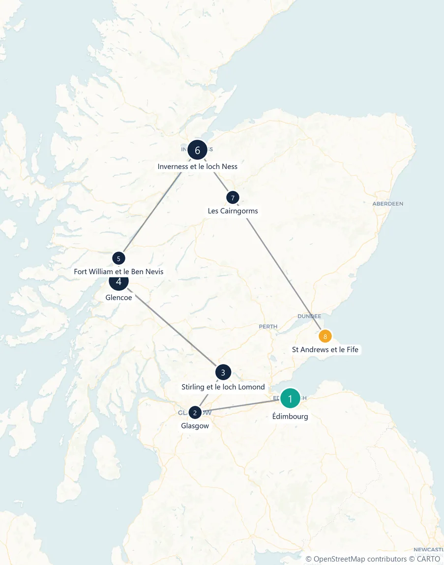Carte du parcours en 8 étapes : Édimbourg, Glasgow, Stirling et le loch Lomond, Glencoe, Fort William et le Ben Nevis, Inverness et le loch Ness, Les Cairngorms, St Andrews et le Fife
