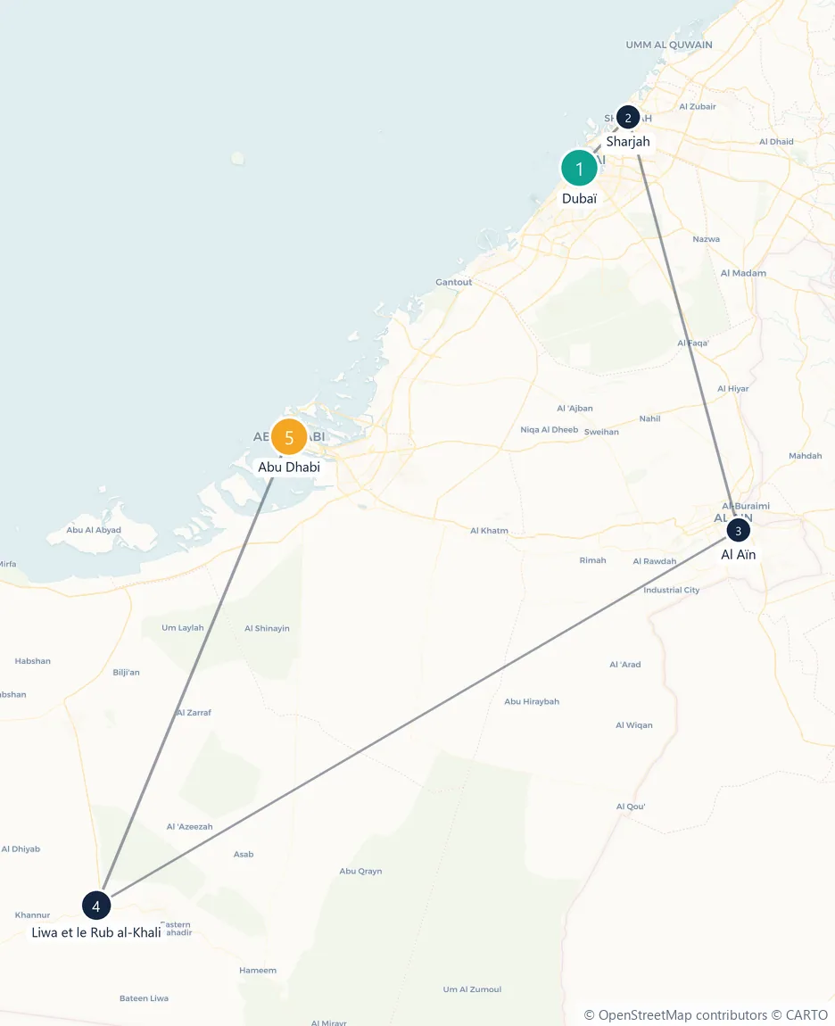 Carte du parcours en 5 étapes : Dubaï, Sharjah, Al Aïn, Liwa et le Rub al-Khali, Abu Dhabi