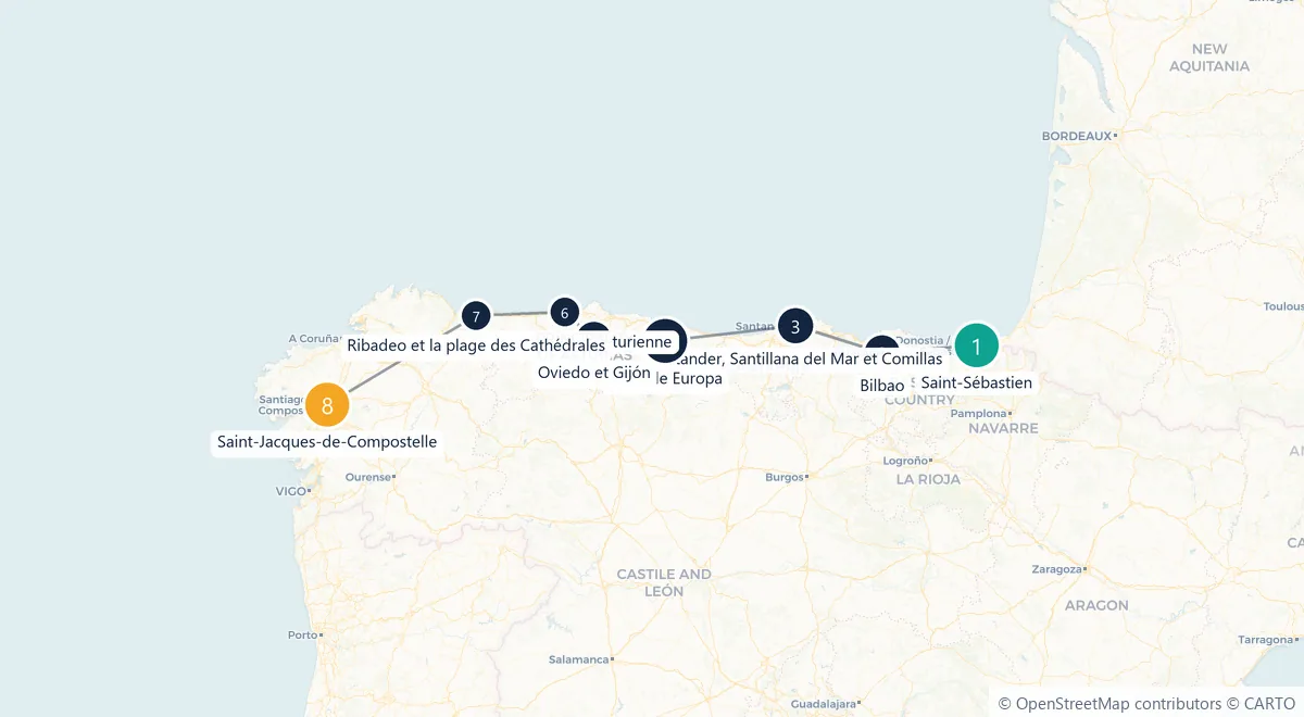 Carte du parcours en 8 étapes : Saint-Sébastien, Bilbao, Santander, Santillana del Mar et Comillas, Picos de Europa, Oviedo et Gijón, Cudillero et la côte asturienne, Ribadeo et la plage des Cathédrales, Saint-Jacques-de-Compostelle