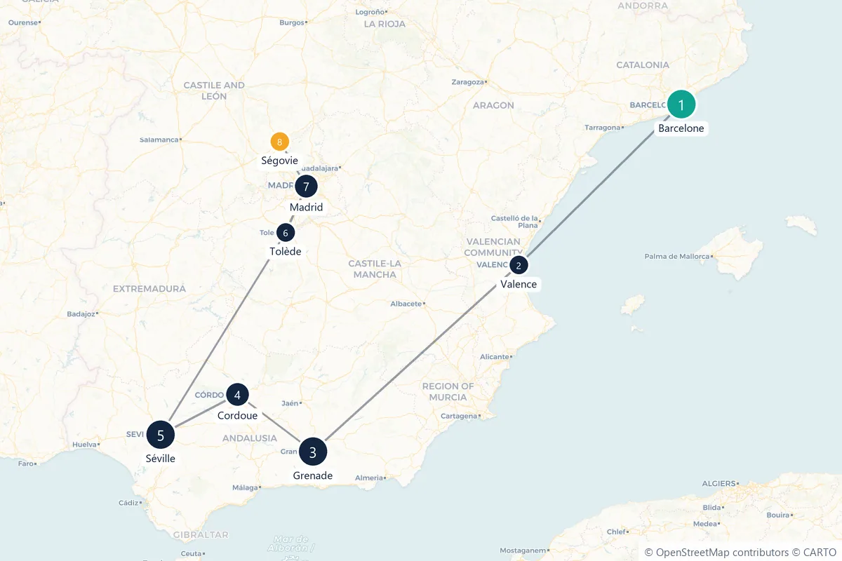 Carte du parcours en 8 étapes : Barcelone, Valence, Grenade, Cordoue, Séville, Tolède, Madrid, Ségovie
