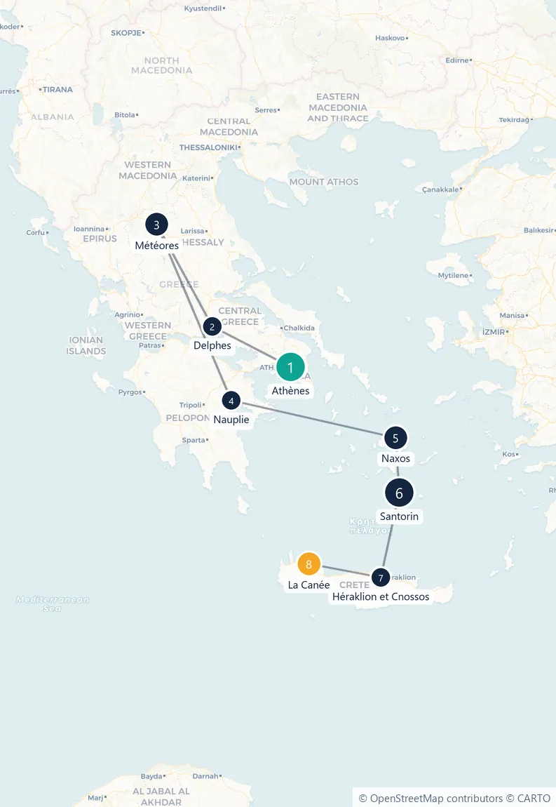 Carte du parcours en 8 étapes : Athènes, Delphes, Météores, Nauplie, Naxos, Santorin, Héraklion et Cnossos, La Canée