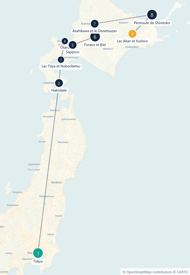 Carte du parcours en 9 étapes : Tokyo, Hakodate, Lac Tōya et Noboribetsu, Otaru, Sapporo, Furano et Biei, Asahikawa et le Daisetsuzan, Péninsule de Shiretoko, Lac Akan et Kushiro