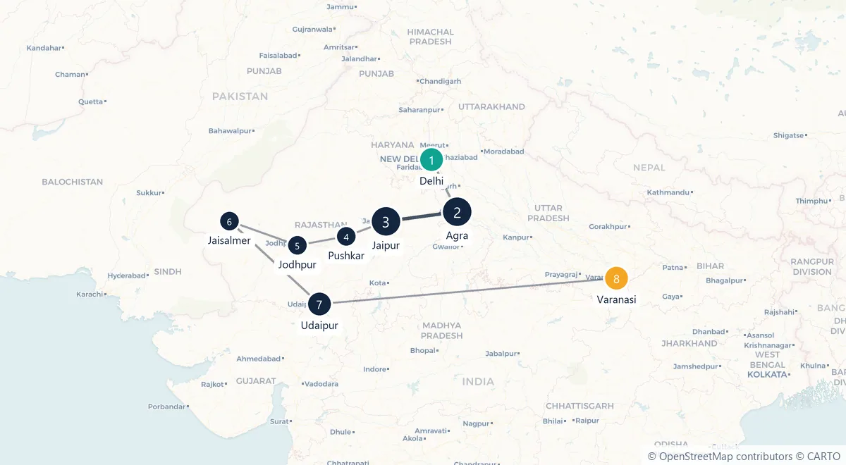 Carte du parcours en 8 étapes : Delhi, Agra, Jaipur, Pushkar, Jodhpur, Jaisalmer, Udaipur, Varanasi