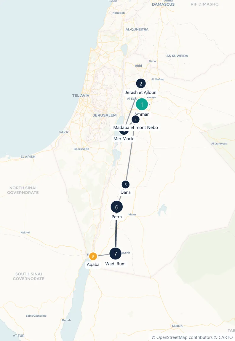 Carte du parcours en 8 étapes : Amman, Jerash et Ajloun, Mer Morte, Madaba et mont Nébo, Dana, Petra, Wadi Rum, Aqaba