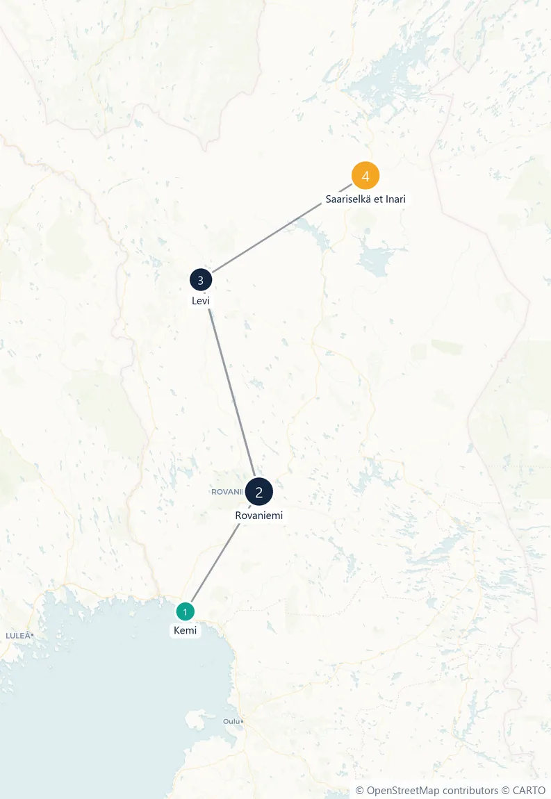 Carte du parcours en 4 étapes : Kemi, Rovaniemi, Levi, Saariselkä et Inari