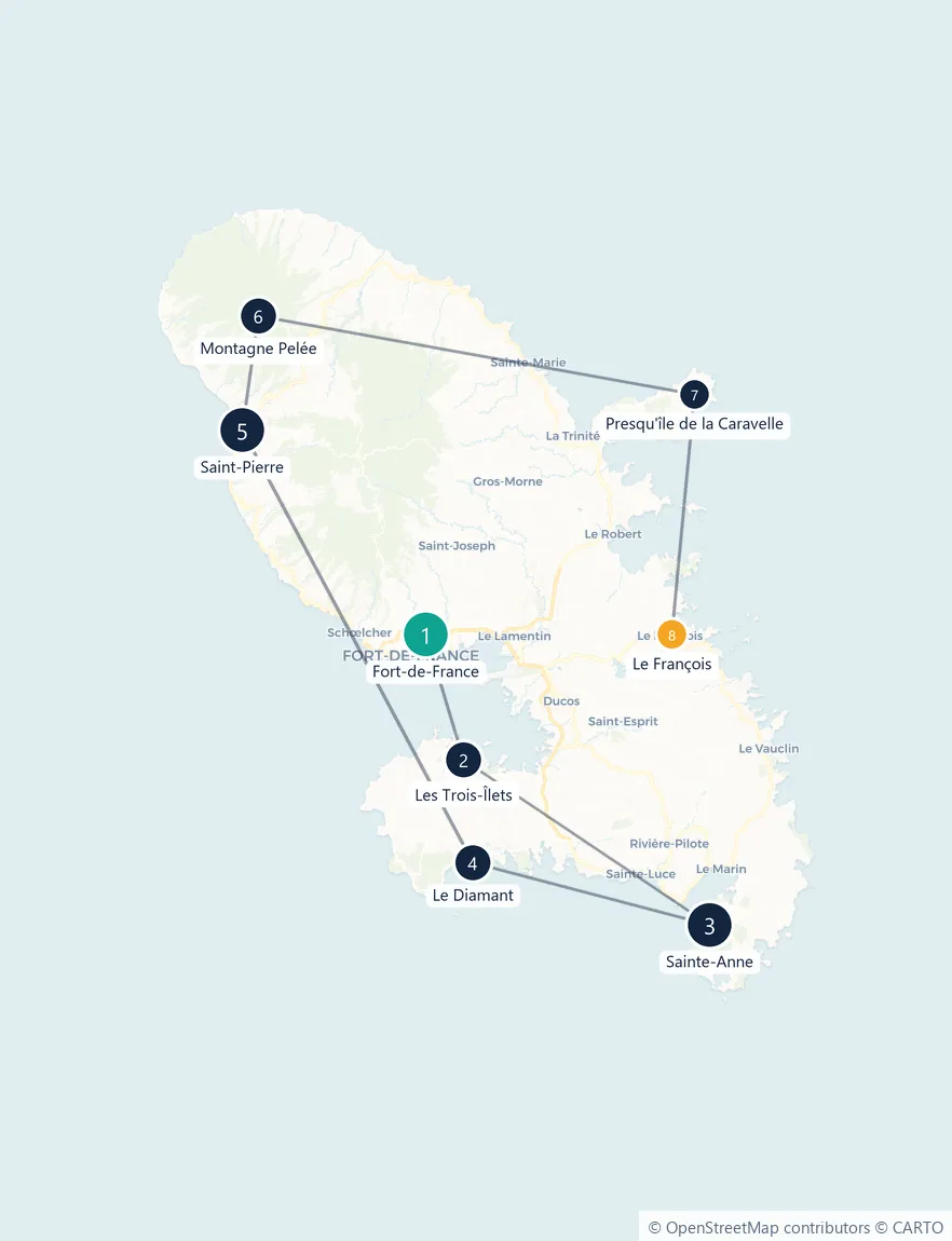 Carte du parcours en 8 étapes : Fort-de-France, Les Trois-Îlets, Sainte-Anne, Le Diamant, Saint-Pierre, Montagne Pelée, Presqu'île de la Caravelle, Le François