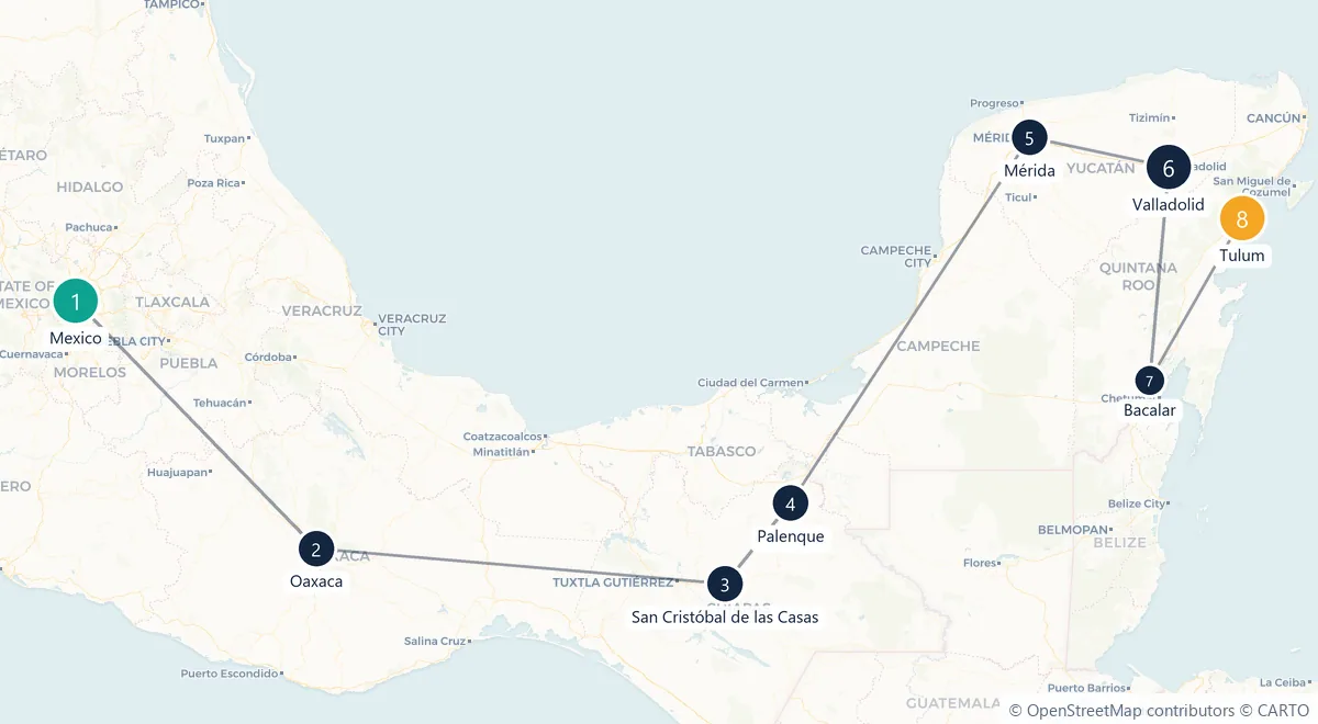 Carte du parcours en 8 étapes : Mexico, Oaxaca, San Cristóbal de las Casas, Palenque, Mérida, Valladolid, Bacalar, Tulum