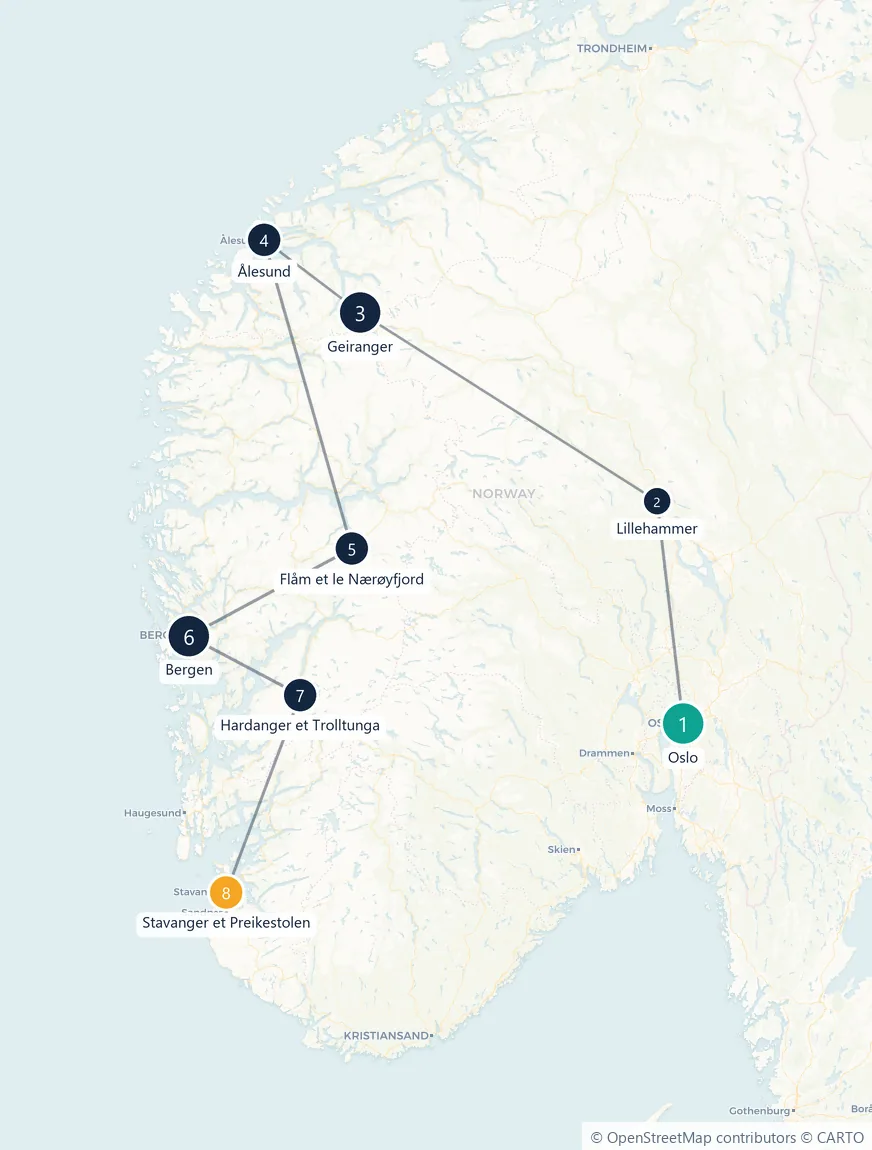 Carte du parcours en 8 étapes : Oslo, Lillehammer, Geiranger, Ålesund, Flåm et le Nærøyfjord, Bergen, Hardanger et Trolltunga, Stavanger et Preikestolen