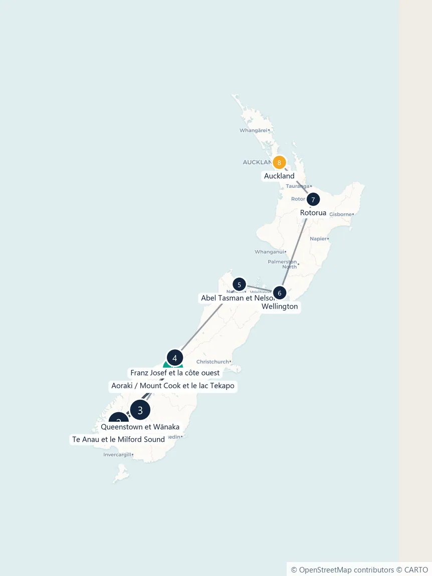 Carte du parcours en 8 étapes : Aoraki / Mount Cook et le lac Tekapo, Te Anau et le Milford Sound, Queenstown et Wānaka, Franz Josef et la côte ouest, Abel Tasman et Nelson, Wellington, Rotorua, Auckland