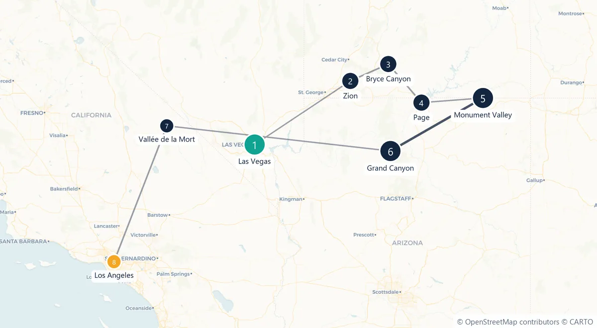Carte du parcours en 8 étapes : Las Vegas, Zion, Bryce Canyon, Page, Monument Valley, Grand Canyon, Vallée de la Mort, Los Angeles