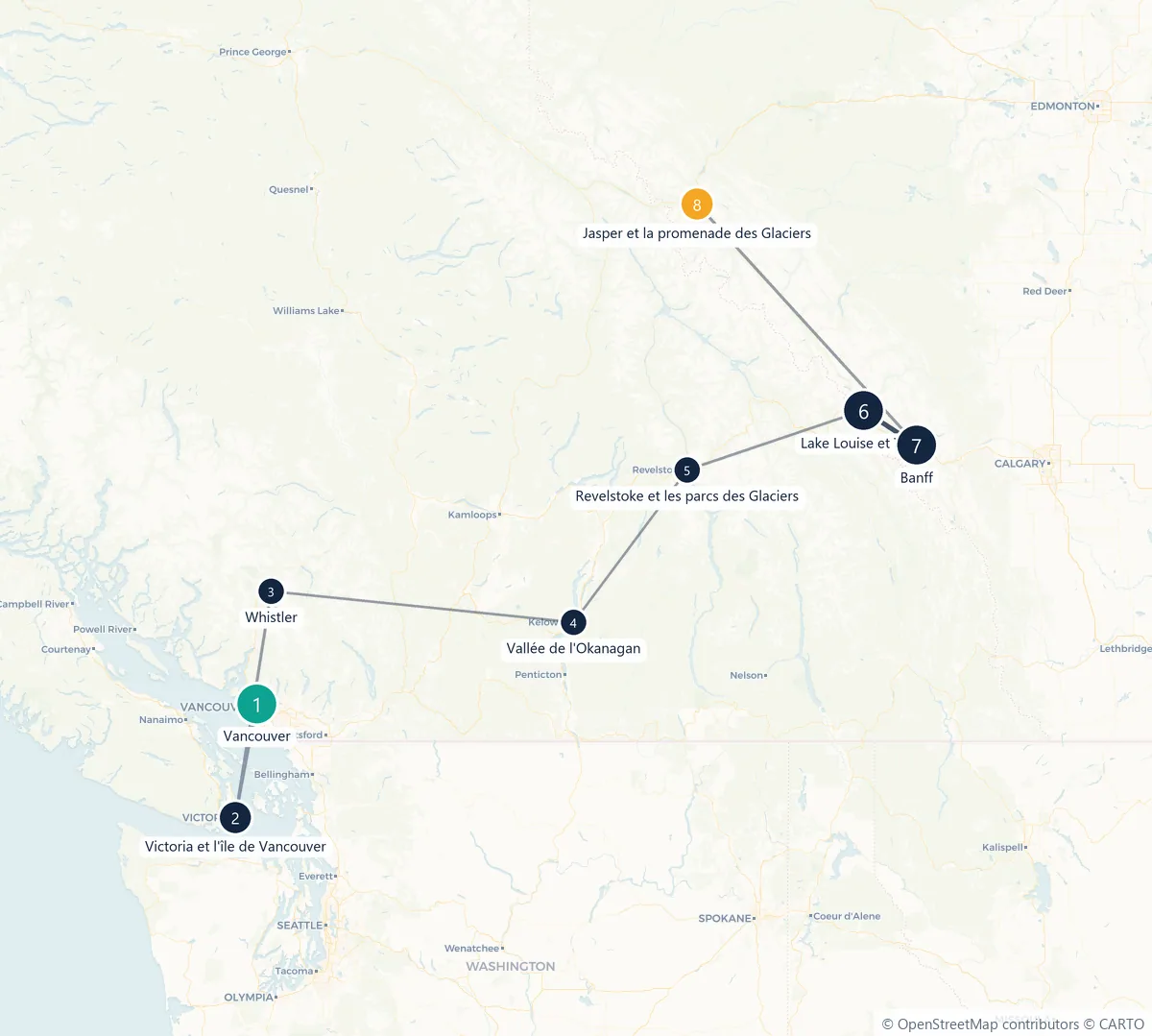 Carte du parcours en 8 étapes : Vancouver, Victoria et l'île de Vancouver, Whistler, Vallée de l'Okanagan, Revelstoke et les parcs des Glaciers, Lake Louise et Yoho, Banff, Jasper et la promenade des Glaciers
