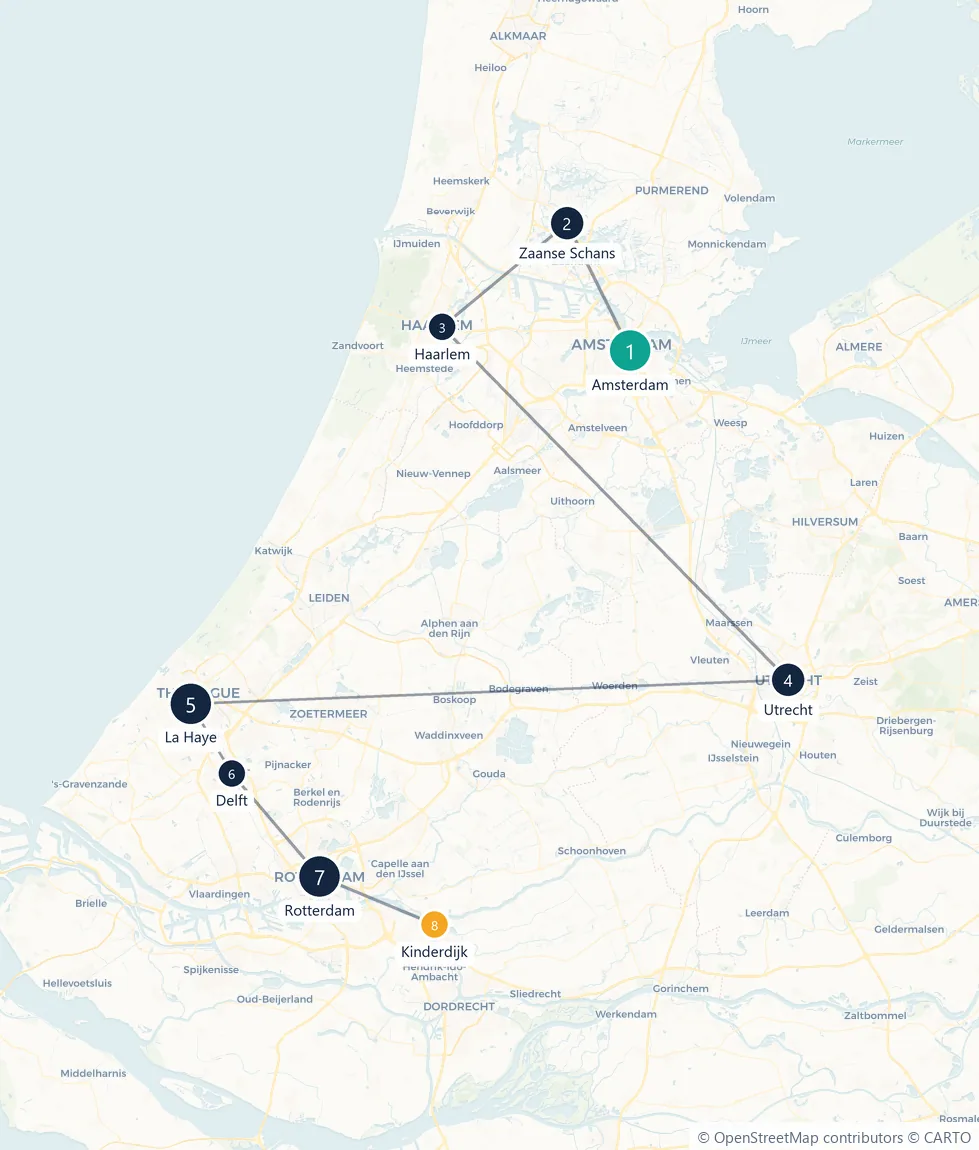 Carte du parcours en 8 étapes : Amsterdam, Zaanse Schans, Haarlem, Utrecht, La Haye, Delft, Rotterdam, Kinderdijk