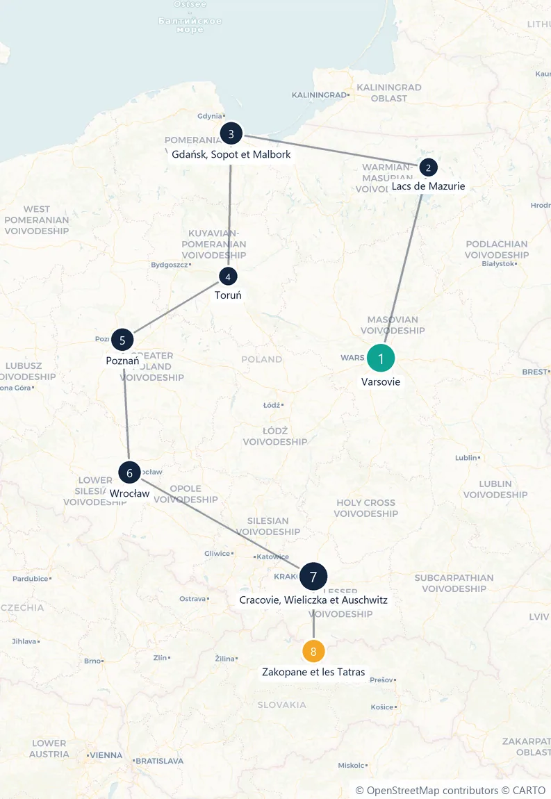 Carte du parcours en 8 étapes : Varsovie, Lacs de Mazurie, Gdańsk, Sopot et Malbork, Toruń, Poznań, Wrocław, Cracovie, Wieliczka et Auschwitz, Zakopane et les Tatras