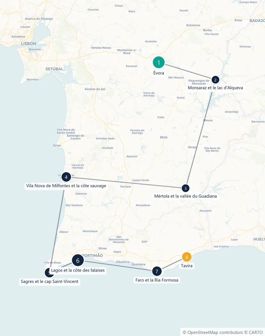 Carte du parcours en 8 étapes : Évora, Monsaraz et le lac d'Alqueva, Mértola et la vallée du Guadiana, Vila Nova de Milfontes et la côte sauvage, Sagres et le cap Saint-Vincent, Lagos et la côte des falaises, Faro et la Ria Formosa, Tavira