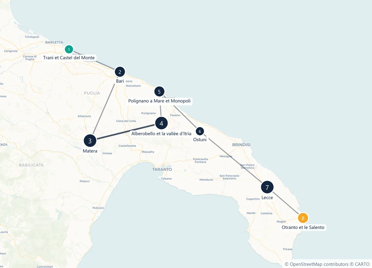 Carte du parcours en 8 étapes : Trani et Castel del Monte, Bari, Matera, Alberobello et la vallée d'Itria, Polignano a Mare et Monopoli, Ostuni, Lecce, Otranto et le Salento