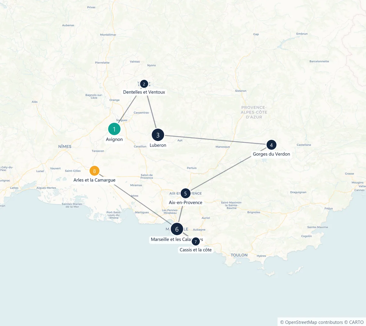 Carte du parcours en 8 étapes : Avignon, Dentelles et Ventoux, Luberon, Gorges du Verdon, Aix-en-Provence, Marseille et les Calanques, Cassis et la côte, Arles et la Camargue
