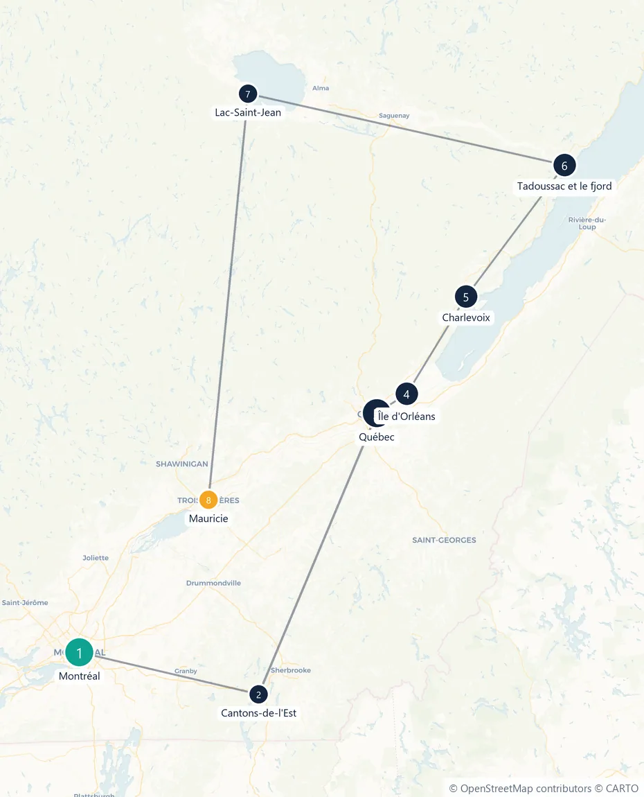 Carte du parcours en 8 étapes : Montréal, Cantons-de-l'Est, Québec, Île d'Orléans, Charlevoix, Tadoussac et le fjord, Lac-Saint-Jean, Mauricie