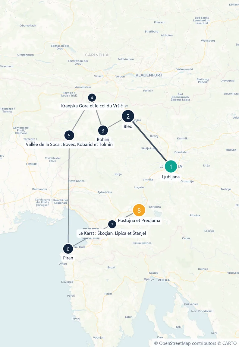 Carte du parcours en 8 étapes : Ljubljana, Bled, Bohinj, Kranjska Gora et le col du Vršič, Vallée de la Soča : Bovec, Kobarid et Tolmin, Piran, Le Karst : Škocjan, Lipica et Štanjel, Postojna et Predjama