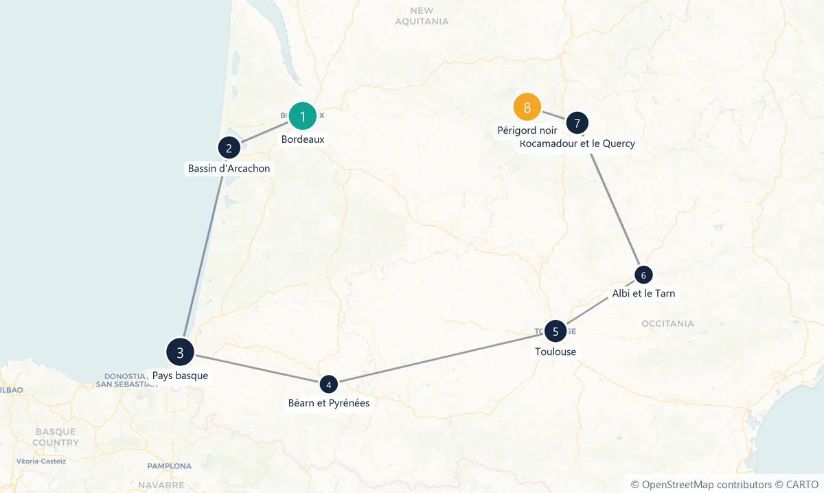 Carte du parcours en 8 étapes : Bordeaux, Bassin d'Arcachon, Pays basque, Béarn et Pyrénées, Toulouse, Albi et le Tarn, Rocamadour et le Quercy, Périgord noir