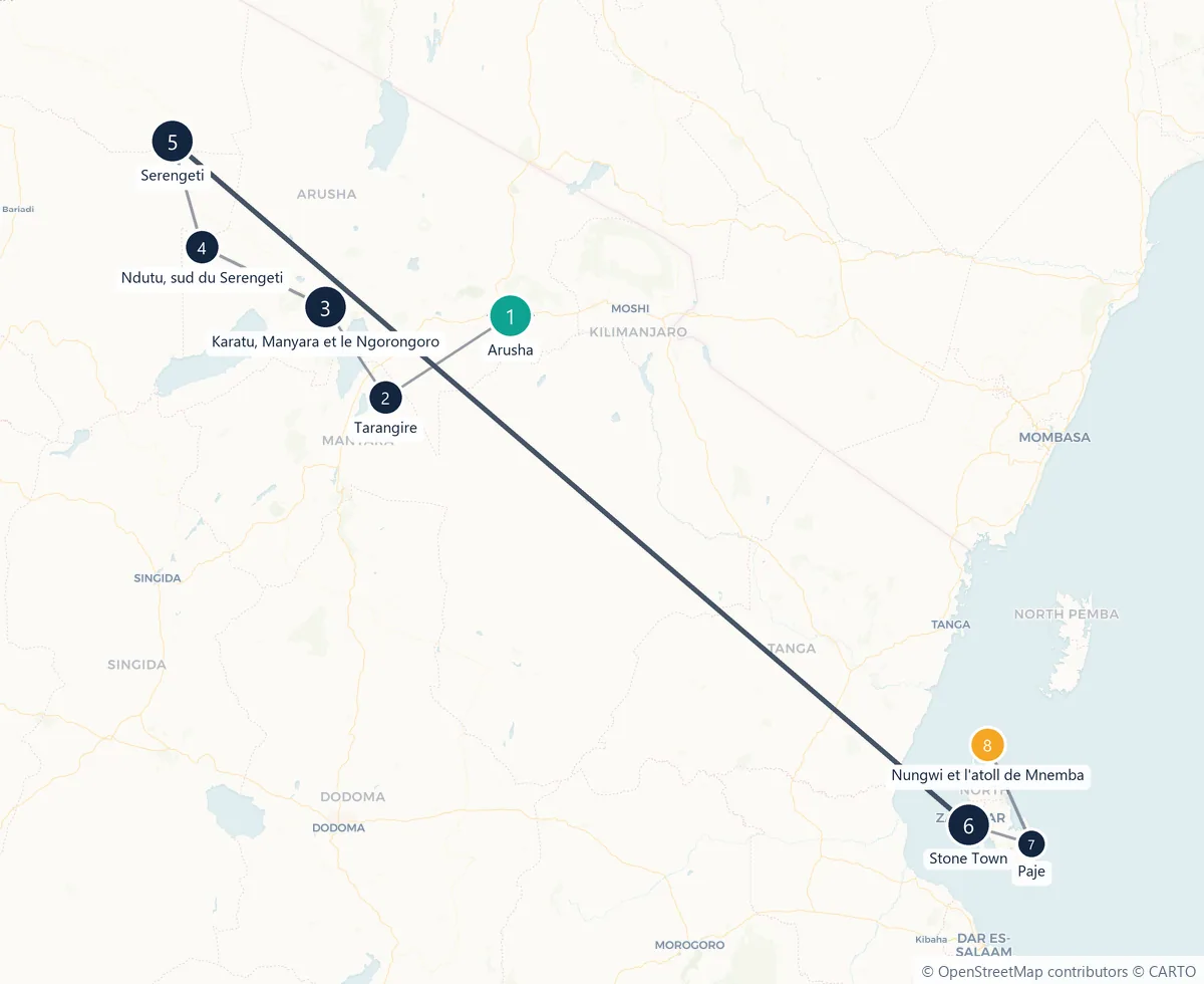 Carte du parcours en 8 étapes : Arusha, Tarangire, Karatu, Manyara et le Ngorongoro, Ndutu, sud du Serengeti, Serengeti, Stone Town, Paje, Nungwi et l'atoll de Mnemba