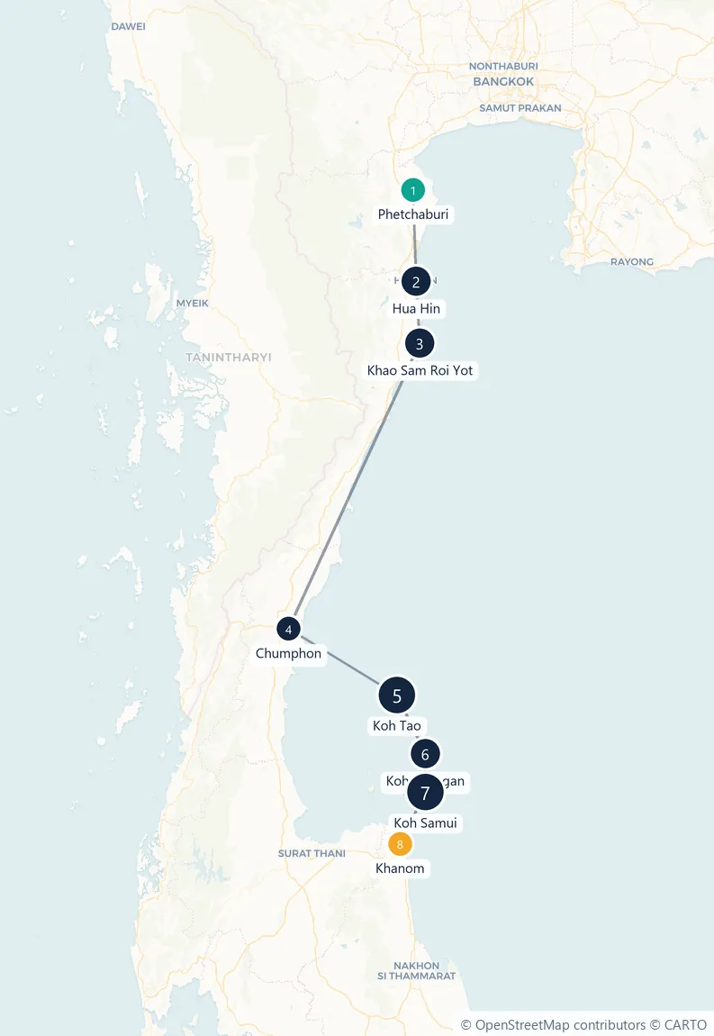 Carte du parcours en 8 étapes : Phetchaburi, Hua Hin, Khao Sam Roi Yot, Chumphon, Koh Tao, Koh Phangan, Koh Samui, Khanom