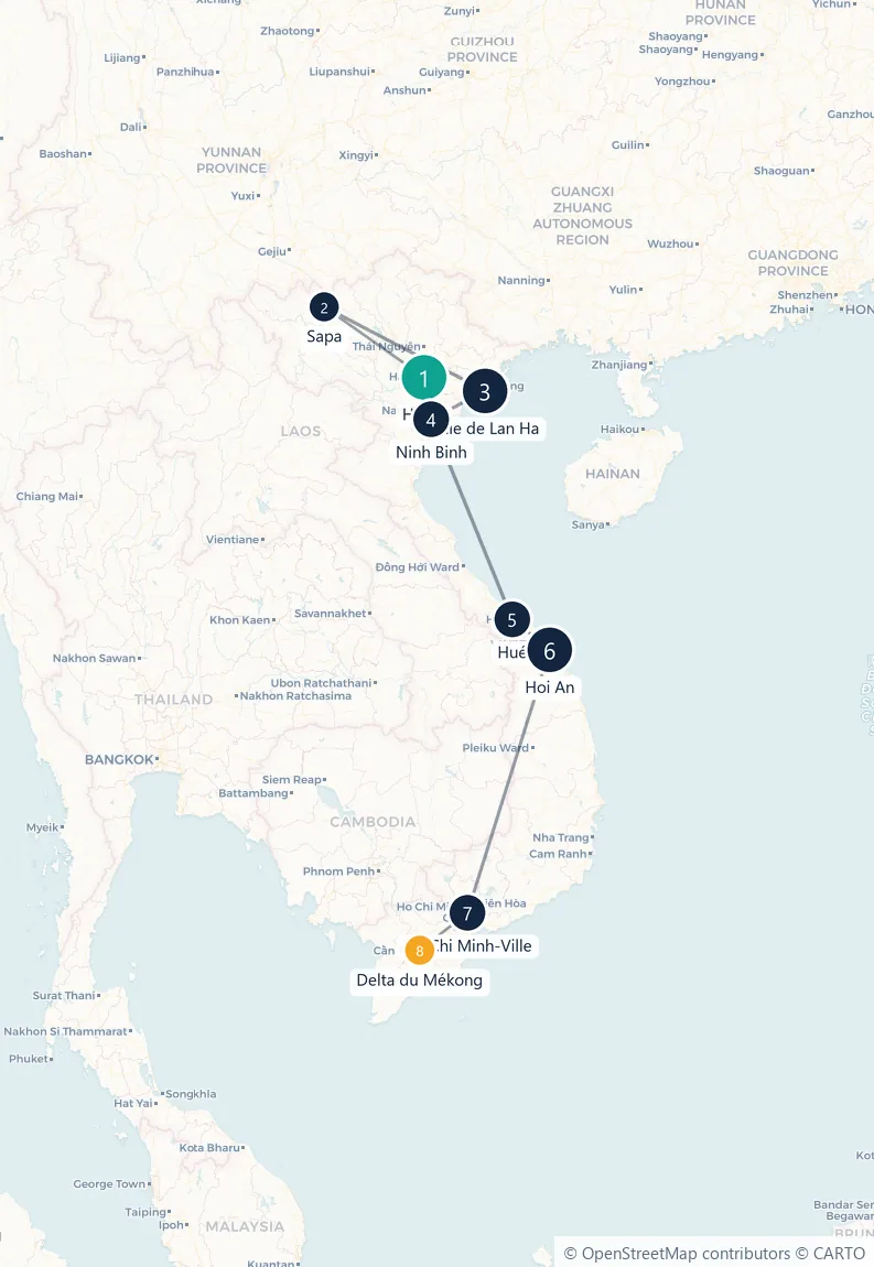 Carte du parcours en 8 étapes : Hanoï, Sapa, Baie de Lan Ha, Ninh Binh, Hué, Hoi An, Hô Chi Minh-Ville, Delta du Mékong