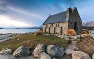 Église du Bon Pasteur, au bord du lac Tekapo, Aoraki / Mount Cook et le lac Tekapo, Nouvelle-Zélande